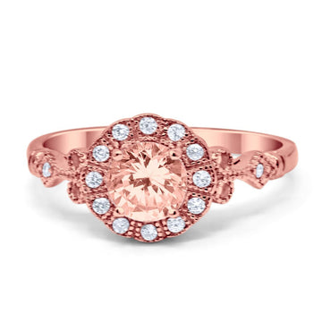 Halo Fancy Wedding Ring Round Rose Tone, Simulated Morganite CZ 925 Sterling Silver